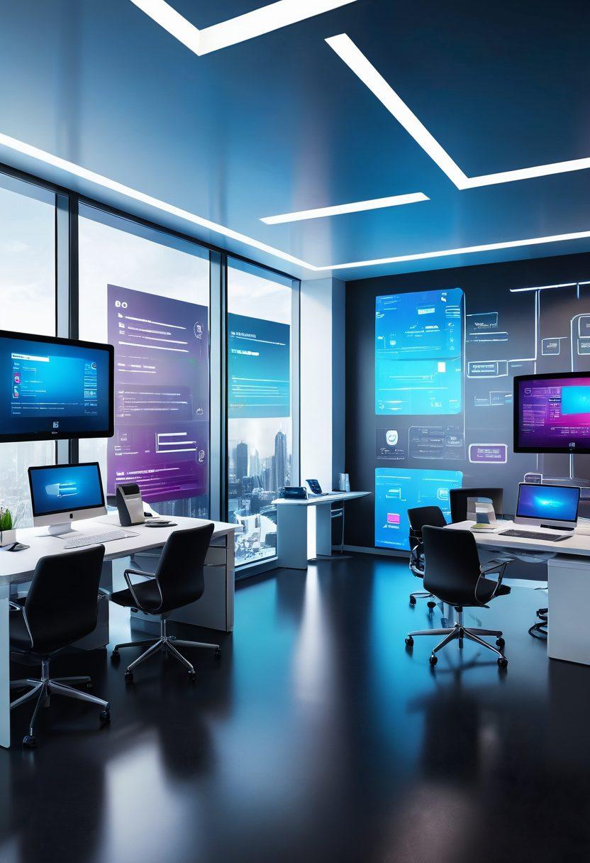 A futuristic office space featuring a sleek internet fax machine surrounded by digital screens displaying fax documents in vibrant colors. Incorporate elements of connectivity such as Wi-Fi signals and cloud icons, emphasizing a modern technological vibe. The background should have a soft gradient representing digital communication. super-realistic. vibrant colors. 3D.