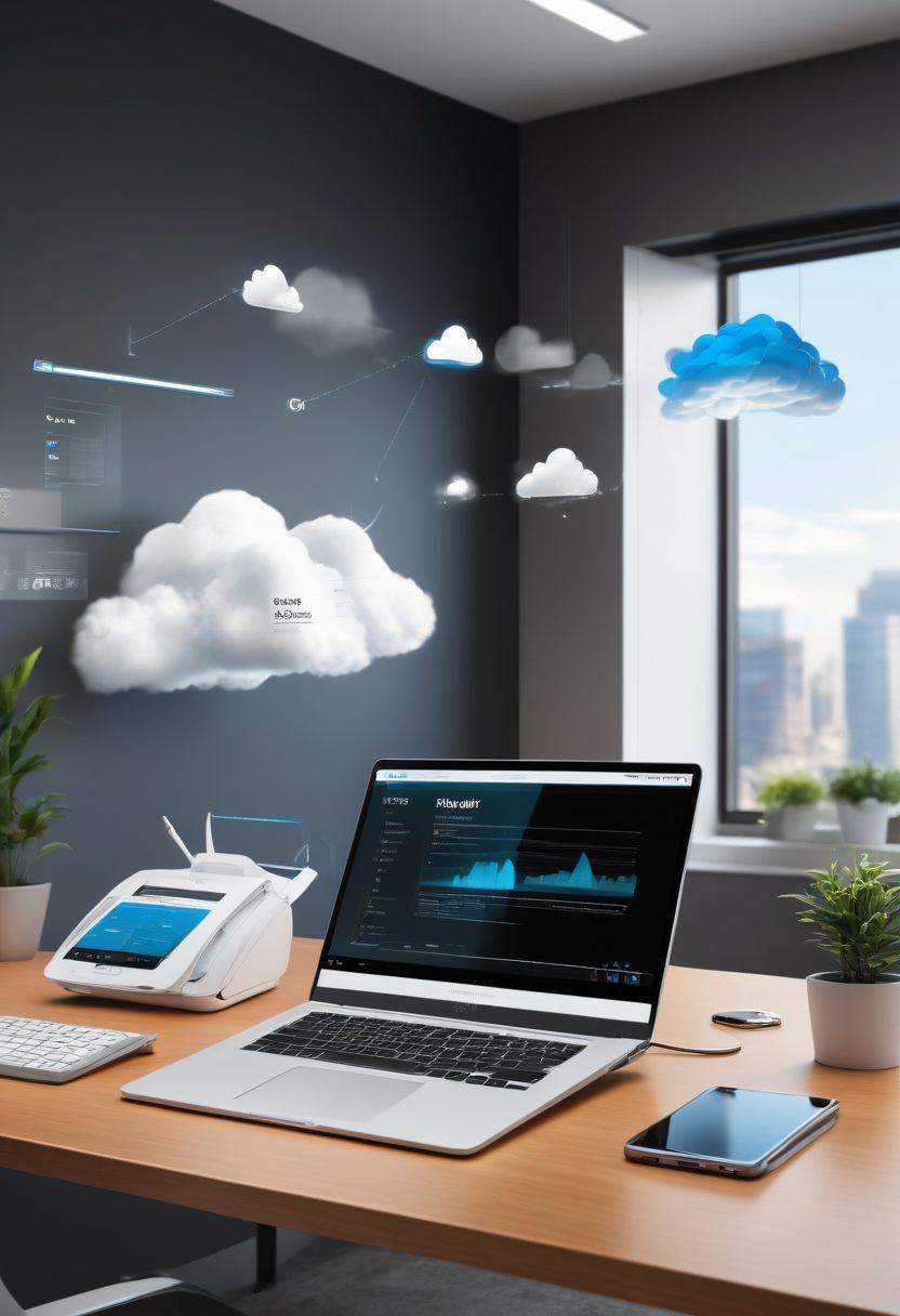 A modern office scene showcasing a sleek laptop displaying a cloud fax interface, with a smartphone next to it representing mobile faxing. Include visual elements like digital clouds and fax machines merging seamlessly, signifying integration and efficiency. Bright, vibrant colors, along with dynamic arrows illustrating workflow speed. super-realistic. tech-inspired.