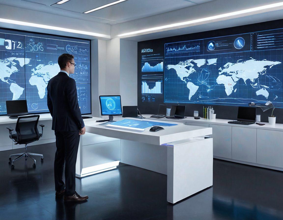 A futuristic office setting with a sleek digital fax machine seamlessly transmitting documents; holographic displays showcase real-time data security metrics and sleek graphs illustrating efficiency. A diverse group of professionals collaborate around the device, showcasing innovation and teamwork in a bright, modern environment. glowing digital elements enhance the scene, emphasizing technology's role in communication. super-realistic. vibrant colors. high-tech design.